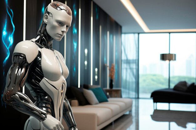 Freundlicher, kollaborativer humanoider Roboter im intelligenten Wohnzimmer des Hauses, der die von KI erzeugte Reinigung durchführt