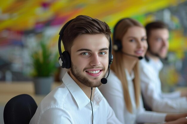 Freundlicher Kundendienstmitarbeiter bei der Arbeit mit künstlicher Intelligenz