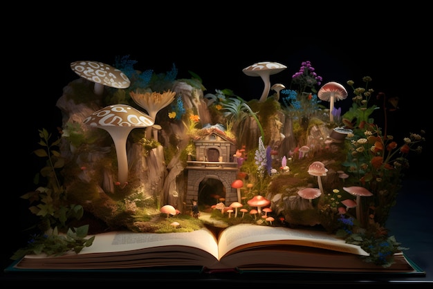 Freundlicher magischer Wald mit Pilzen, Bäumen und Lichtern, die aus einem Buch stammen. Generierte KI
