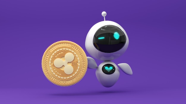 Freundlicher, süßer Cartoon-Roboter 3D-Rendering in der Blockchain-Technologie-Mining