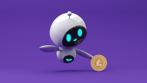 Freundlicher, süßer Cartoon-Roboter 3D-Rendering in der Blockchain-Technologie-Mining