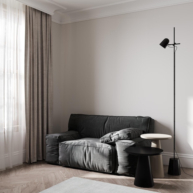 Freundliches Innendesign Wohnzimmer Wandmodell mit schwarzem Sessel 3D-Rendering 3D-Darstellung