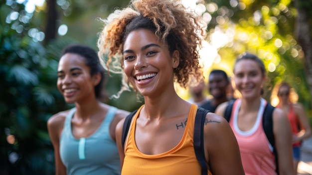 Freundschaft verstärkt Diverse Gruppe geht zusammen nach einer gemeinsamen Fitness-Sitzung Generative KI