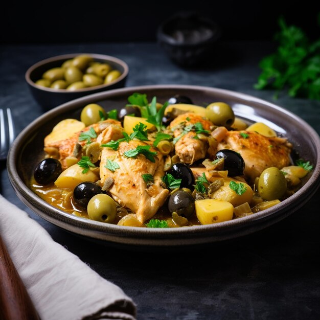 Foto fricas de pollo estilo cubano guisado de frango com batatas e azeitonas