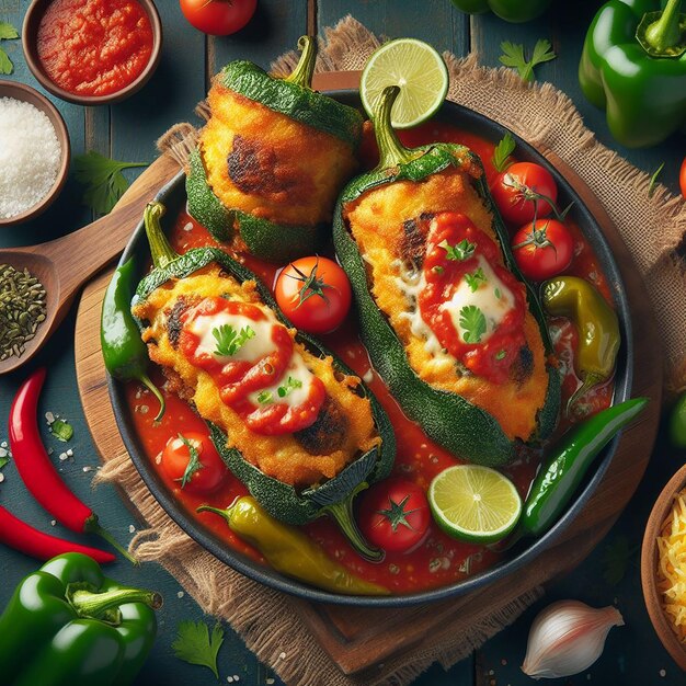 Foto fried poblano peppers stuffed with cheese or meat topped with tomato sauce and fresh herbs