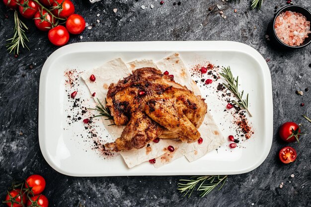 Fried Tobacco Chicken Traditionelle georgische Küche Banner Menü Rezept Ort für Text Draufsicht