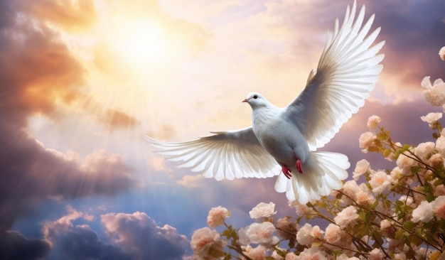 Frieden illustriert durch das Friedenskonzept mit weißen Taubenblütenzweigen