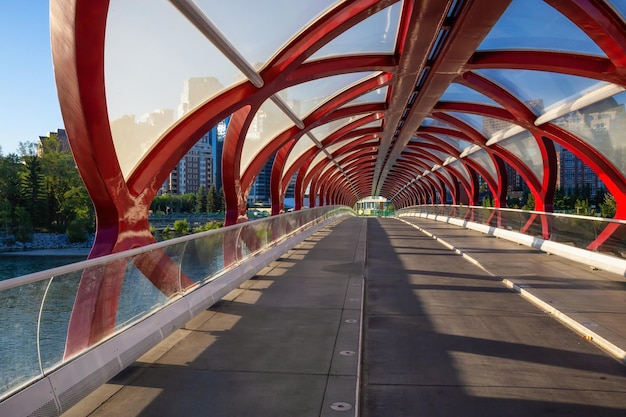 Friedensbrücke über den Bow River während eines lebhaften Sommersonnenaufgangs