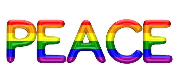 Friedenswort aus glänzenden LBGT-Gay-Pride-Regenbogenbuchstaben 3D-Rendering