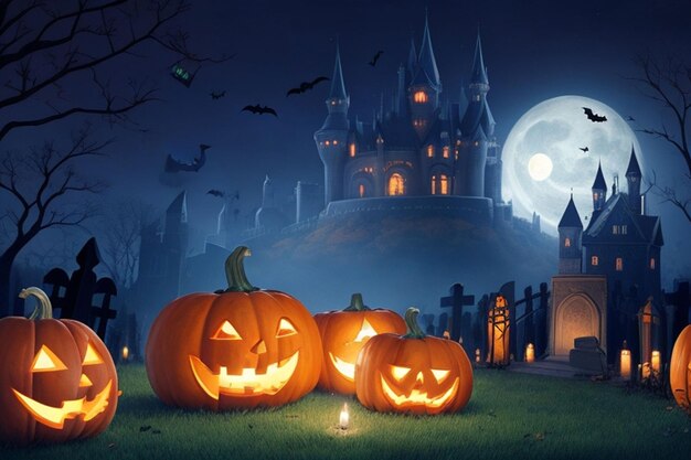 Friedhof Halloween-Nacht böses Haus und Kürbis