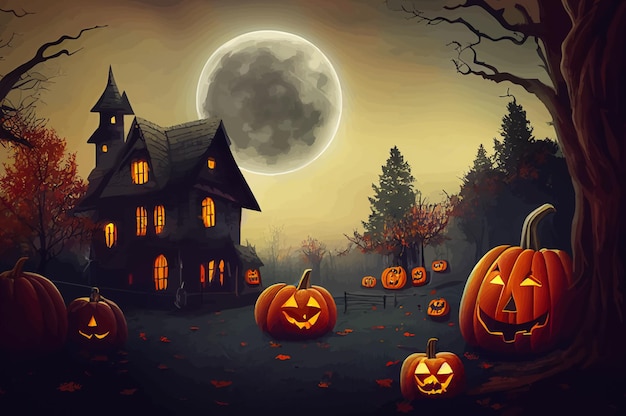 Friedhof in der Halloween-Nacht mit bösen Kürbisfledermäusen und im Hintergrund ein Spukschloss und das Vollmondbanner