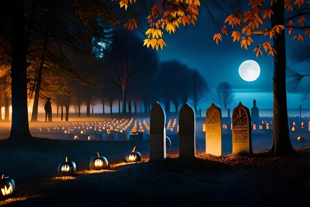 Friedhof mit dem Mond im Hintergrund