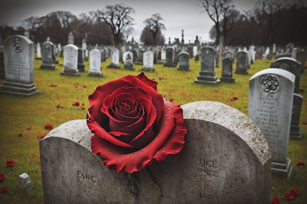 Friedhof mit einer roten Rose auf einem Grab