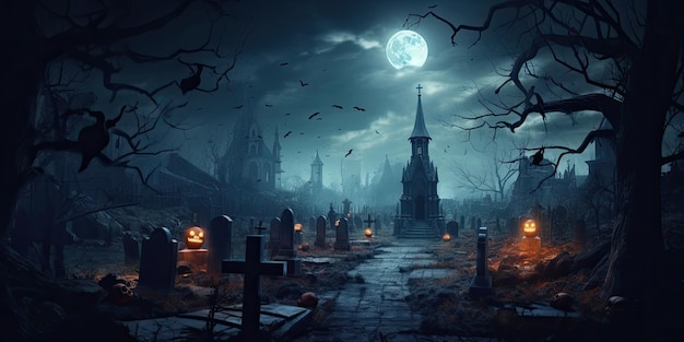 Friedhofsschlosslandschaft mit Halloween-Konzept, gruseliger Friedhof bei Nacht