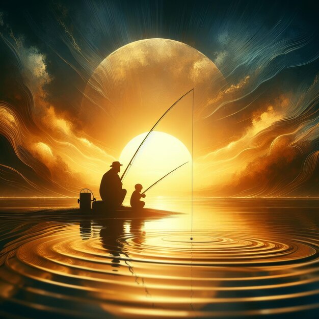 Friedliche Fischerei bei Sonnenuntergang mit Großvater und Enkel