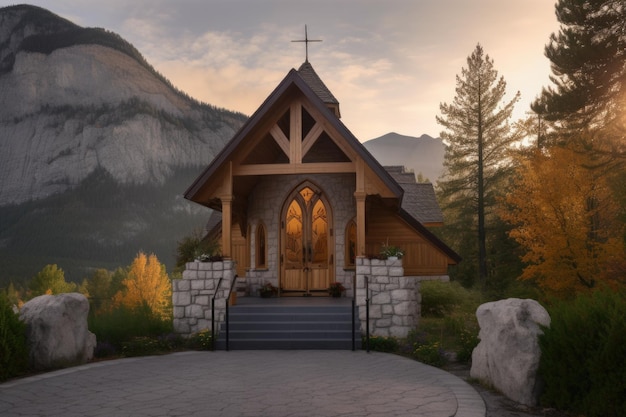 Friedliche Kapelle mit majestätischem Blick auf die Berge im Hintergrund, erstellt mit generativer KI