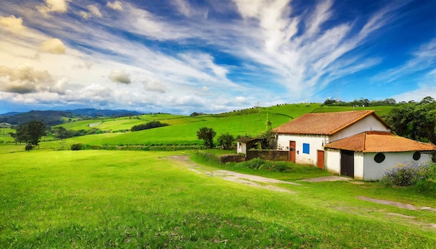 Friedliche ländliche Landschaft mit grünen Naturbäumen und Tälern