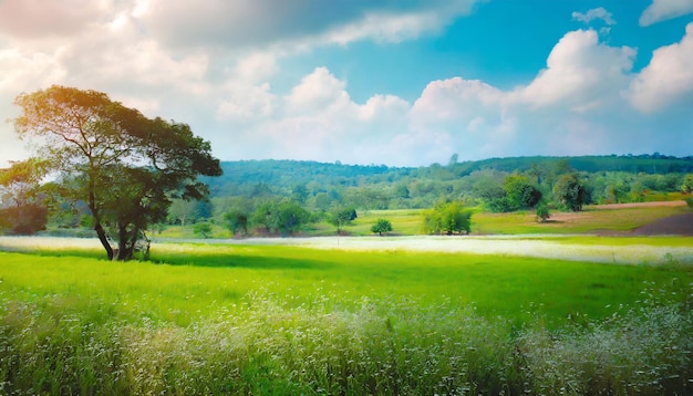 Friedliche ländliche Landschaft mit grünen Naturbäumen und Tälern