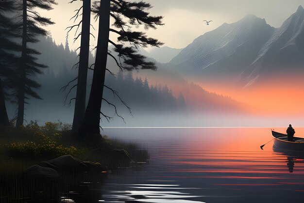 Friedliche Landschaft in der Nähe des Sees Nebelmorgen AI-Bild