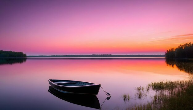 friedliche Landschaft lila Himmel Baum Savanne Fluss See Boot Wasser Natur