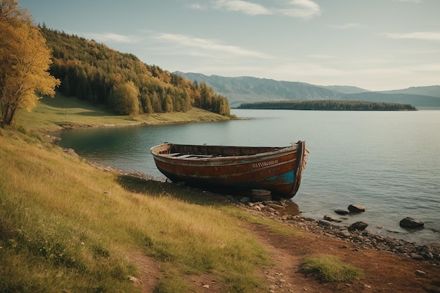 Friedliche Landschaften altes rostiges Fischerboot auf dem Hang am Ufer des Sees