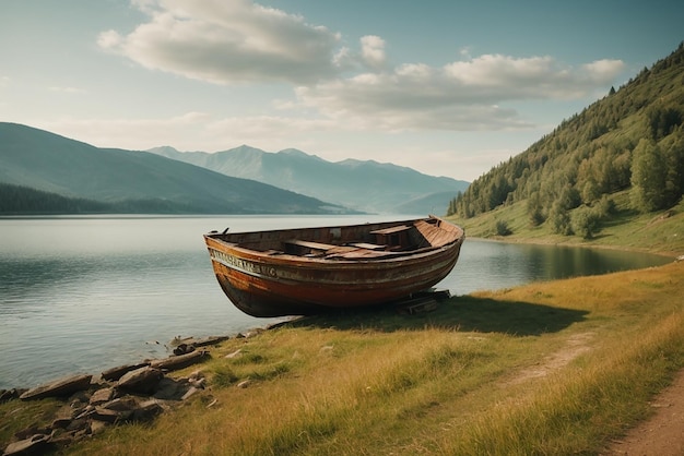 Friedliche Landschaften altes rostiges Fischerboot auf dem Hang am Ufer des Sees