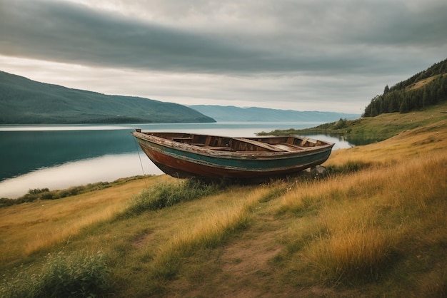 Friedliche Landschaften altes rostiges Fischerboot auf dem Hang am Ufer des Sees