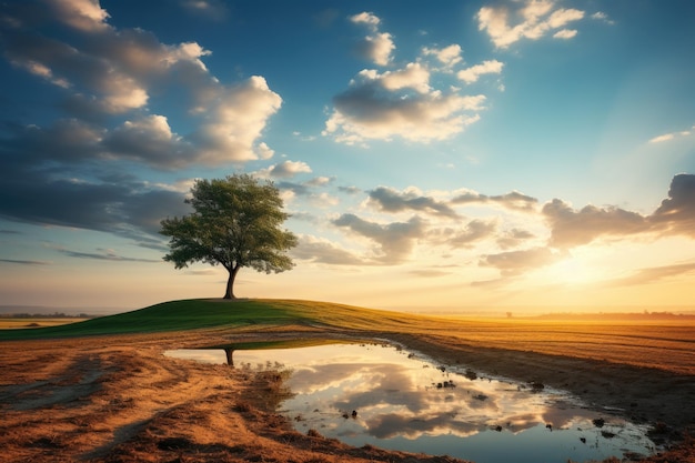 Friedliche Sommerlandschaft mit Bäumen und nebligem See goldene Stunde Sonnenaufgang KI generiert