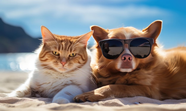 Friedliche Strandszene mit einem verspielten Hund und einer entspannten Katze, die den KI-Generator am Sandstrand genießen