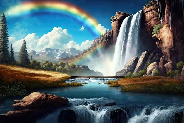 Friedliche Szene mit Regenbogenwasserfall und klarem blauen Himmel im Hintergrund