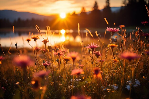 Foto friedliche wildblumenwiese landschaft unter der abendsonne goldene stunde hintergrundwandpapier