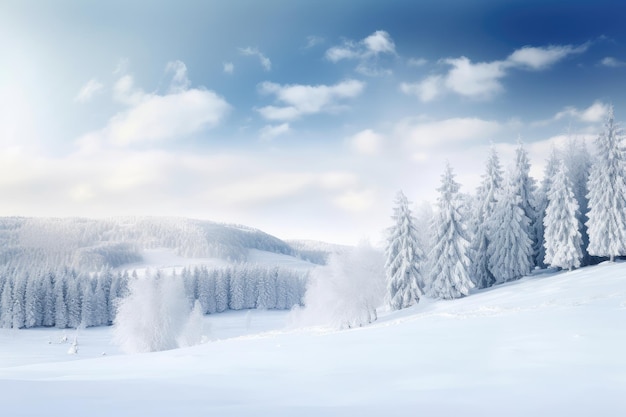 Friedliche Winterlandschaft mit einem Weihnachtsrand und schneebedeckten Bäumen, erstellt mit generativer KI