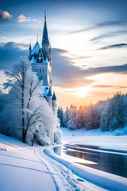 Friedliche Winterlandschaft mit gefrorenem Eis und einem wunderschönen Schloss-Winterwunderland-Konzept