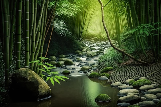 Friedlicher Bambuswald mit ruhigem Bach, ideal zum Meditieren