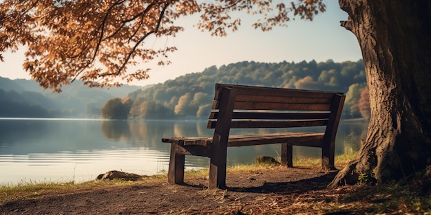 Friedlicher Blick auf den See mit Herbstbank.