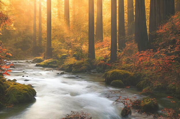 Friedlicher Fluss, der durch Redwood-Wald mit Morgenlicht und gesprenkeltem Sonnenschein im Herbst fließt