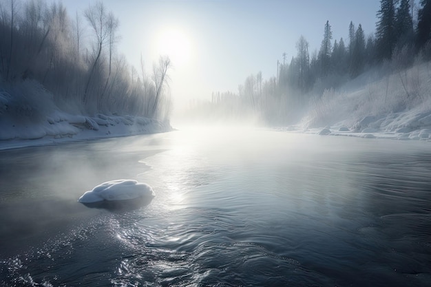 Friedlicher Fluss mit glattem, glasigem Eis und Dampf, der aus dem Wasser aufsteigt