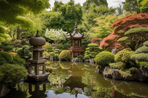 Friedlicher Garten mit japanischen Pagodenlaternen und Koi-Fischen, geschaffen mit generativer KI