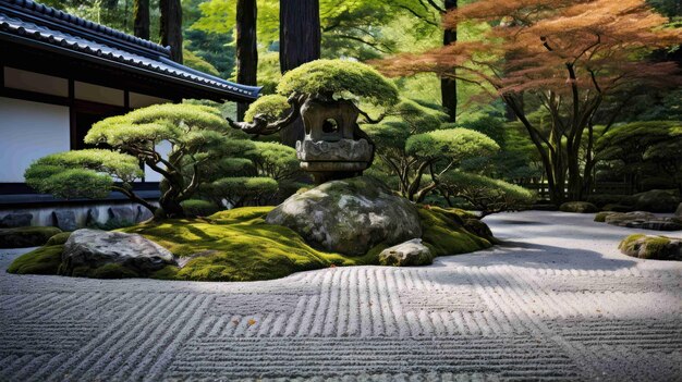 Foto friedlicher japanischer zen-garten mit bonsai