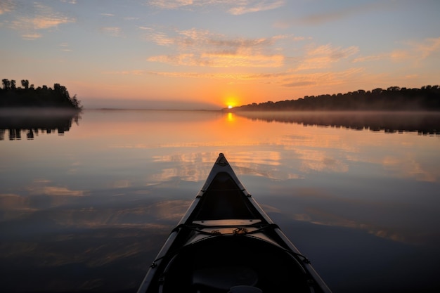 Friedlicher Sonnenaufgang auf dem Wasser mit Kajak im Vordergrund, erstellt mit generativer KI