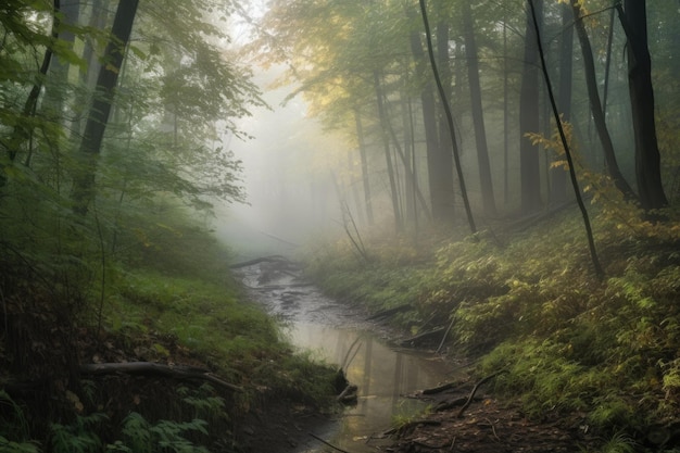 Friedlicher Wald mit nebligem Morgennebel und sichtbarem Bach, erstellt mit generativer KI