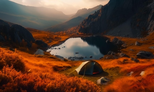 Friedlicher, warmer Herbst in den Bergen. Zelt in der Nähe des kleinen Teichs im orangefarbenen Gras. Generative KI