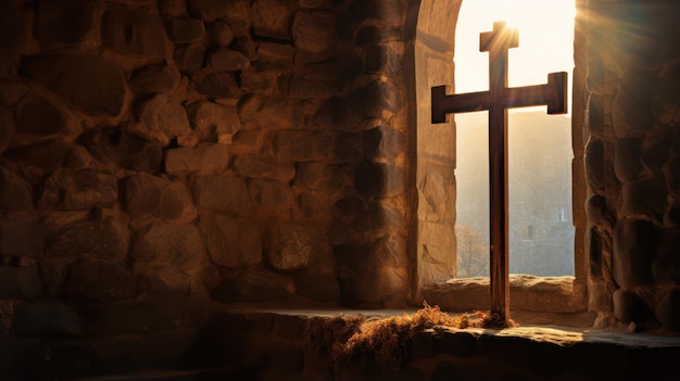 Friedliches Kreuz am Fenster in einer alten Kirche, die von KI generiert wurde