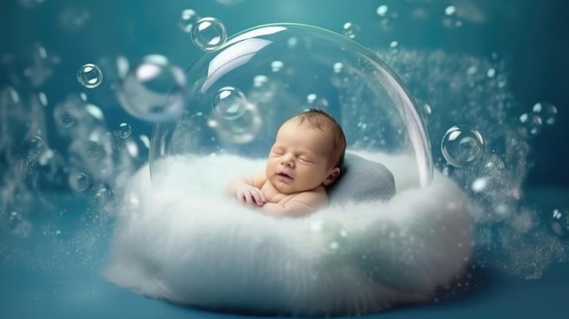 Friedliches Neugeborenes schläft unter Blasen und weichen Wolken