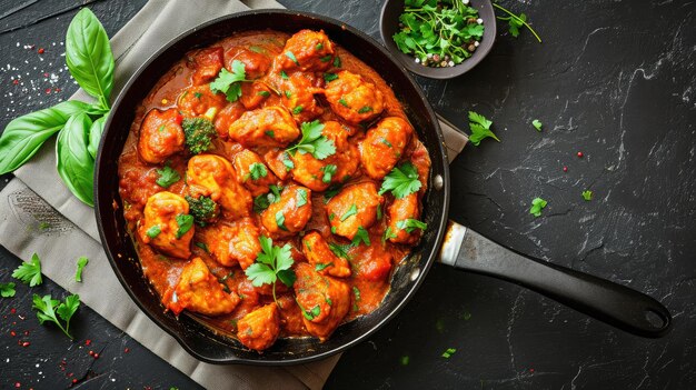 frigideira com delicioso frango tikka masala em guardanapo