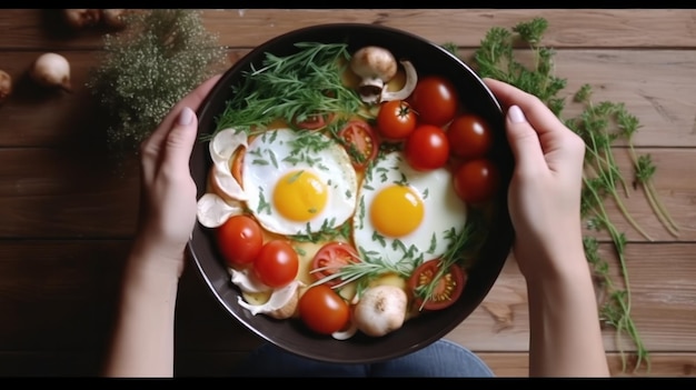 Frigideira com ovos cozidos ervas queijo tomate Ilustração AI GenerativexA