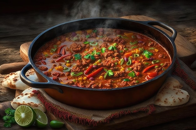 Frigideira de chili carnudo Legumes e carne moída em uma caçarola