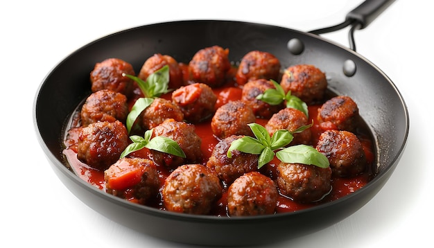 frigideira de saborosas bolas de carne com molho de tomate e manjericão em fundo branco