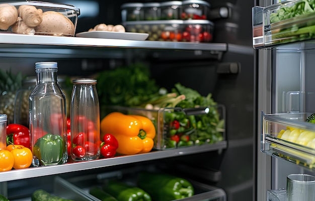 frigorífico moderno de metal aberto com vegetais nele