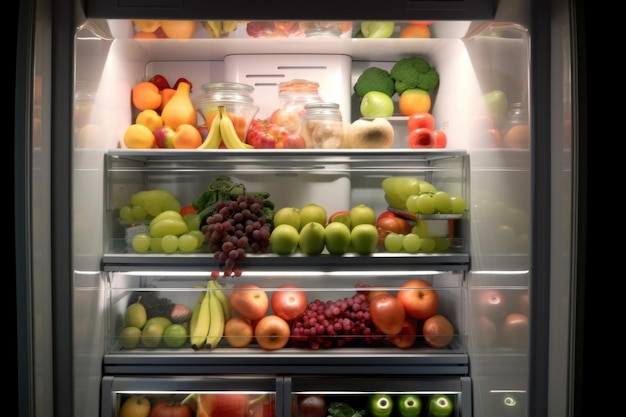 Frigorífico de paso lleno de jugosas frutas y verduras creadas con inteligencia artificial generativa